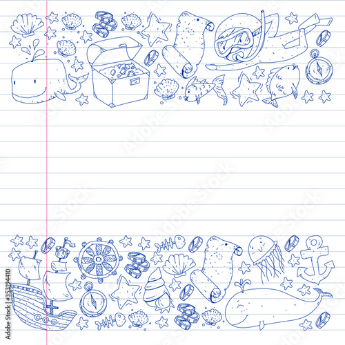 Vector set with underwater diving icons and pirate elements. Treasure chest, ship, octopus, diver. Little boys and kingergarten preschool girls summer vacation and adnventure