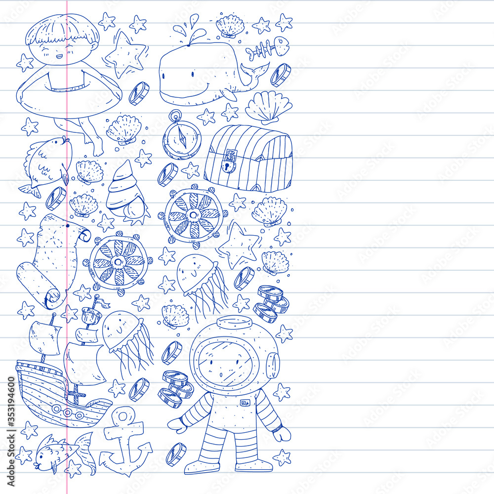 Vector set with underwater diving icons and pirate elements. Treasure chest, ship, octopus, diver. Little boys and kingergarten preschool girls summer vacation and adnventure Vector set with underwater diving icons and pirate elements. Treasure chest, ship, octopus, diver. Little boys and kingergarten preschool girls summer vacation and adnventure