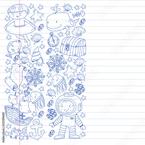 Vector set with underwater diving icons and pirate elements. Treasure chest, ship, octopus, diver. Little boys and kingergarten preschool girls summer vacation and adnventure