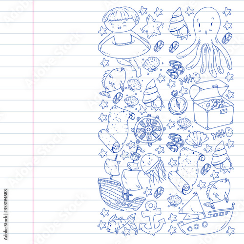 Vector set with underwater diving icons and pirate elements. Treasure chest, ship, octopus, diver. Little boys and kingergarten preschool girls summer vacation and adnventure