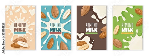 Almond milk. Dairies package design template, diet product advertising, protein milk healthy breakfast food, calcium drink vector labels