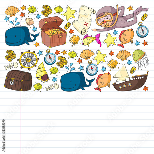Vector set with underwater diving icons and pirate elements. Treasure chest, ship, octopus, diver. Little boys and kingergarten preschool girls summer vacation and adnventure