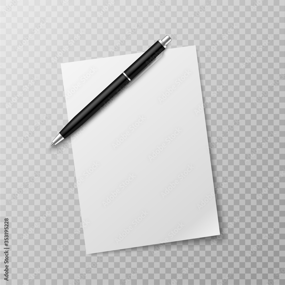 Pen and paper sheet. Blank white paper sheet and ballpoint pen top view mockup. Write message, letter or note realistic vector template - obrazy, fototapety, plakaty 