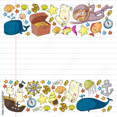 Vector set with underwater diving icons and pirate elements. Treasure chest, ship, octopus, diver. Little boys and kingergarten preschool girls summer vacation and adnventure