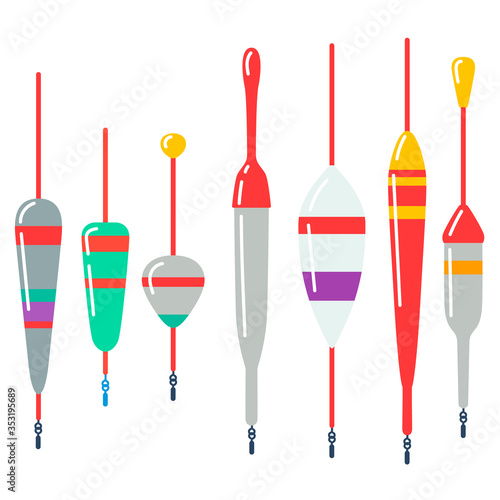 Set of illustrations of fishing floats. Design element for logo, label, emblem, sign, badge. Vector illustration