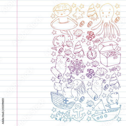 Vector set with underwater diving icons and pirate elements. Treasure chest, ship, octopus, diver. Little boys and kingergarten preschool girls summer vacation and adnventure