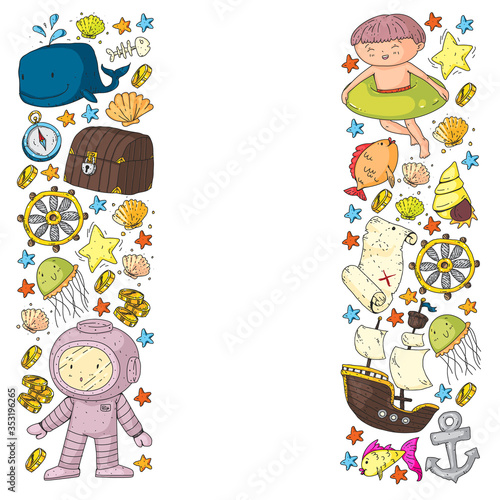 Vector set with underwater diving icons and pirate elements. Treasure chest, ship, octopus, diver. Little boys and kingergarten preschool girls summer vacation and adnventure