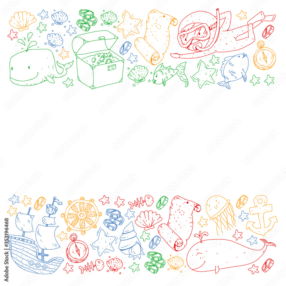 Vector set with underwater diving icons and pirate elements. Treasure chest, ship, octopus, diver. Little boys and kingergarten preschool girls summer vacation and adnventure Vector set with underwater diving icons and pirate elements. Treasure chest, ship, octopus, diver. Little boys and kingergarten preschool girls summer vacation and adnventure