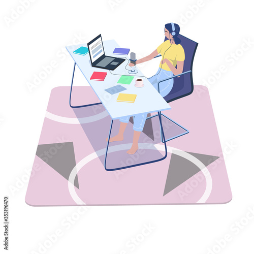 Young girl with headset listening   live stream . Woman holding microphone and recoding  podcast, broadcaster sitting at workspace. Vector illustration