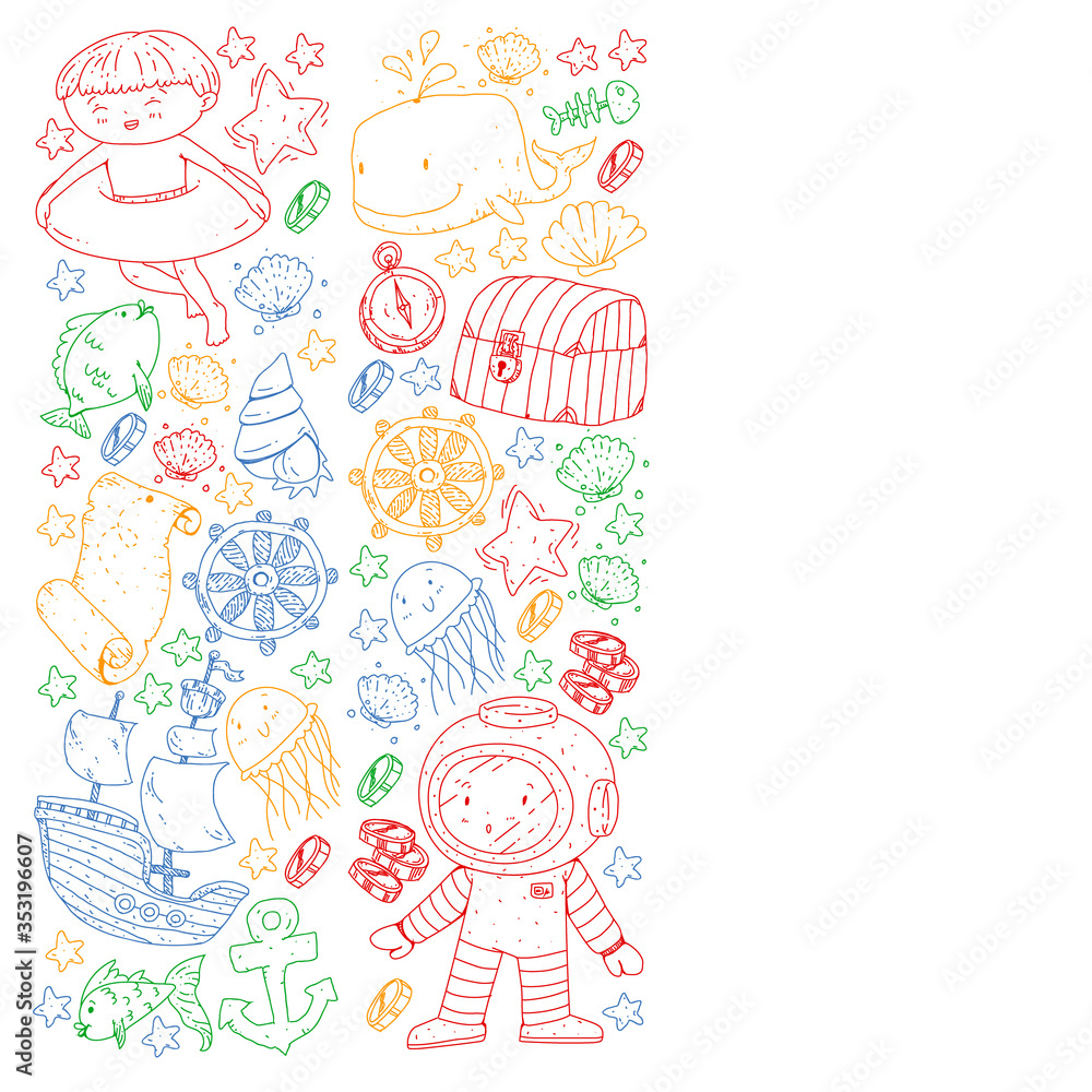 Vector set with underwater diving icons and pirate elements. Treasure chest, ship, octopus, diver. Little boys and kingergarten preschool girls summer vacation and adnventure Vector set with underwater diving icons and pirate elements. Treasure chest, ship, octopus, diver. Little boys and kingergarten preschool girls summer vacation and adnventure