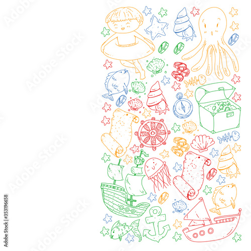 Vector set with underwater diving icons and pirate elements. Treasure chest, ship, octopus, diver. Little boys and kingergarten preschool girls summer vacation and adnventure