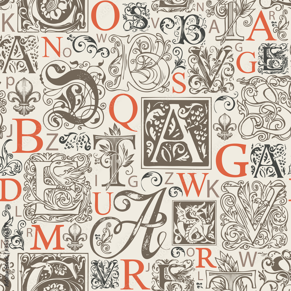 Vector seamless pattern with capital letters and hand-drawn initial