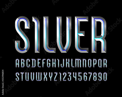 Chrome alphabet from chiseled block, font with effect of silver metallic, beveled letters and numbers, vector illustration 10EPS