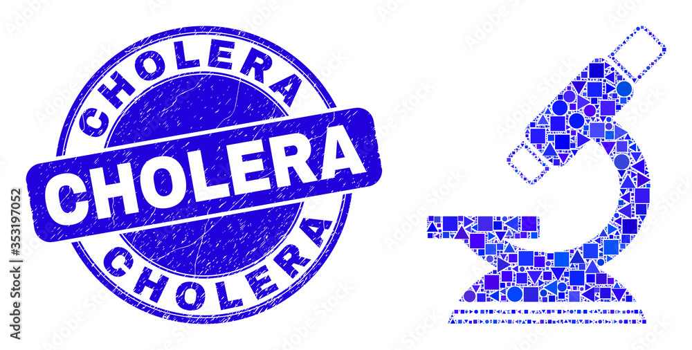 Geometric microscope mosaic pictogram and Cholera seal stamp. Blue vector rounded scratched stamp with Cholera phrase. Abstract mosaic of microscope created of round, tringle,