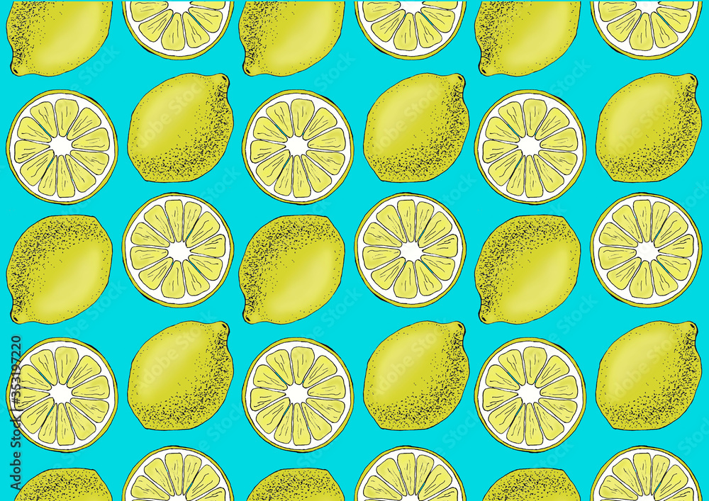 seamless pattern whole and sliced lemons on a turquoise background. Juicy Summer Colors
