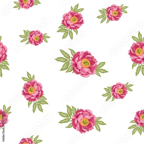 Pattern with pink peonies and green leaves isolated on a white background  stock vector illustration with 3D effect  postcard  banner  poster  fabric  packaging