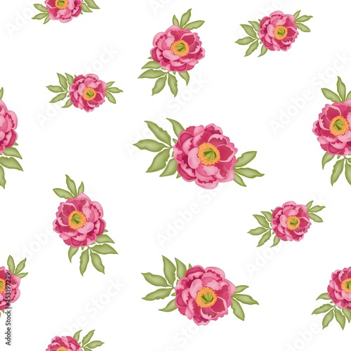 Pattern with pink peonies and green leaves isolated on a white background, stock vector illustration with 3D effect, postcard, banner, poster, fabric, packaging