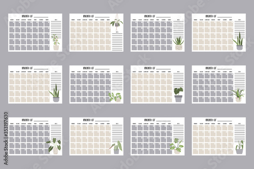 Set of Eternal Monthly Planner. Hand drawn potted plants. Perfect for schedule, organizer, calendar for study, school or work, printable 