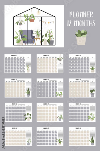 Set of Eternal Monthly Planner. Hand drawn greenhouse and potted plants. Perfect for schedule, organizer, calendar for study, school or work, printable 