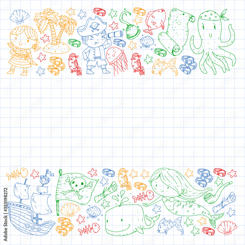 Pirate party. Illustrations for little children. Kids birthday celebration with treasure island, octopus, pirates Pirate party. Illustrations for little children. Kids birthday celebration with treasure island, octopus, pirates