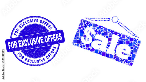 Geometric sale announce mosaic pictogram and For Exclusive Offers seal stamp. Blue vector round distress seal stamp with For Exclusive Offers caption.