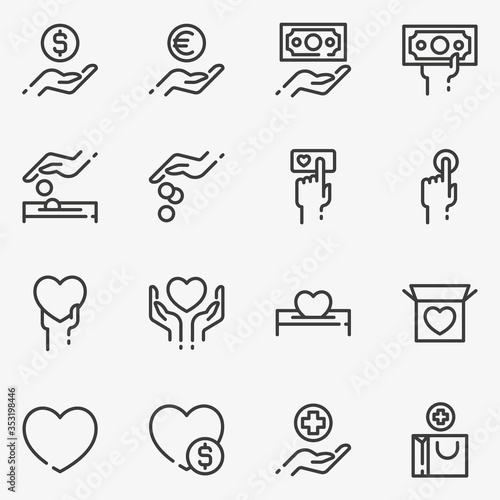 Set of donation and charity line vector icon isolated on white background.