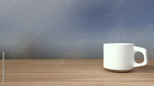 Black coffee in a white mug with a saucer placed on a wooden plate and served in the morning 3D rendering.