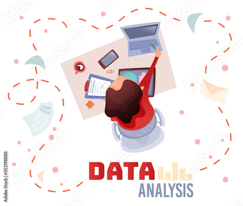 Office table topview illustration of woman with pencil typing on laptop, working in office. Cup of coffee, clipboard with document, smartphone are on table. Data analysis text with dotted line around