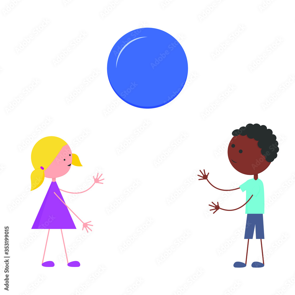 Different boy and girl play with a ball. Vector isolated image on a white background. Concept of friendship of children of different racial groups . Flat style Different boy and girl play with a ball. Vector isolated image on a white background. Concept of friendship of children of different racial groups . Flat style