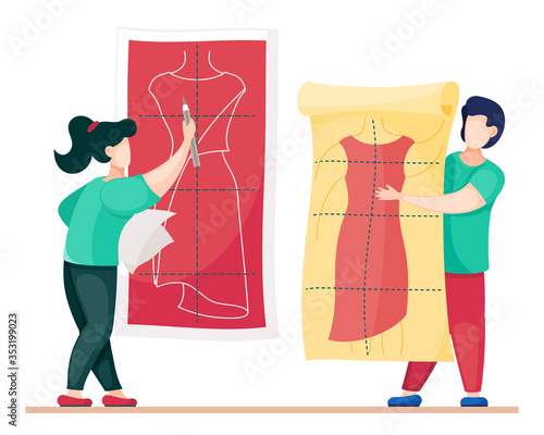 Designers working at new model of dress. Sewers choose variant of dress pattern. Concept of sewing workshop with seamstress working. Sewers working in fashion atelier. Flat vector illustration
