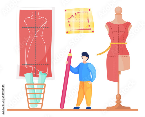 Vector flat illustration of designer working in atelier, sewing stylish dress. Seamstress with pencil look at pattern of future dress at wall. Sewing workshop. Cartoon character isolated at white