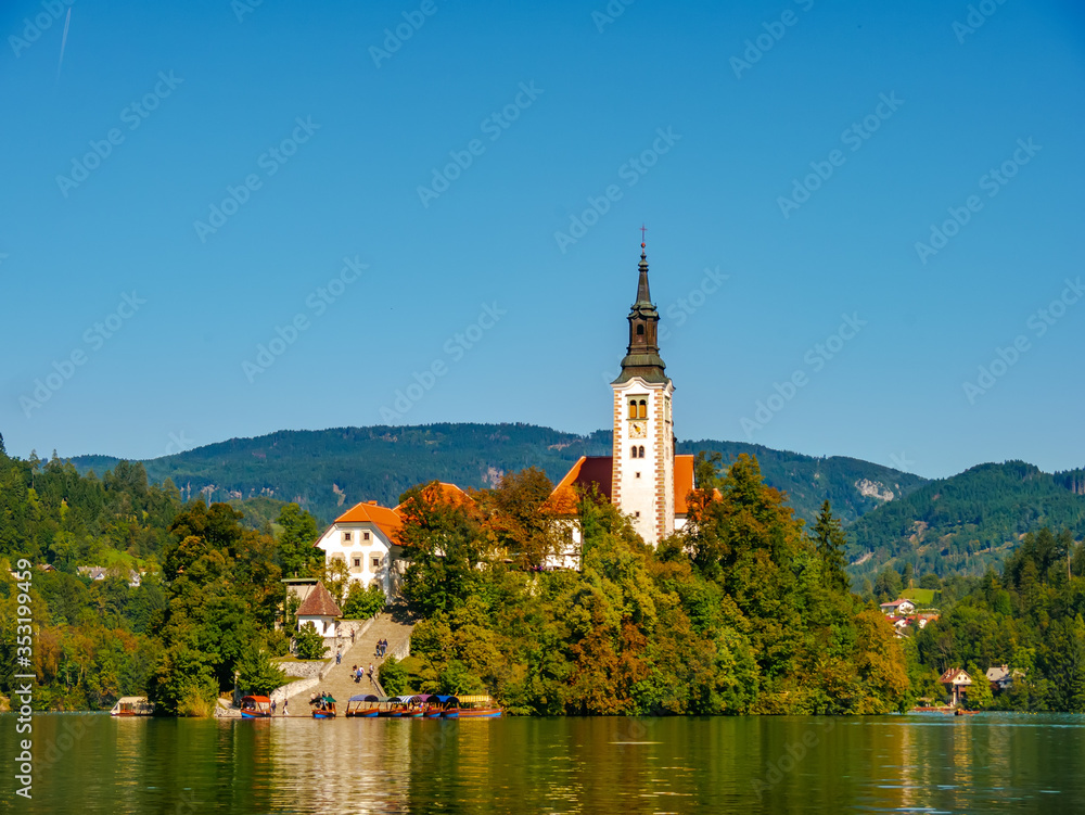 View on the Pilgrimage Church of the Assumption of Maria on the Lake Bled.