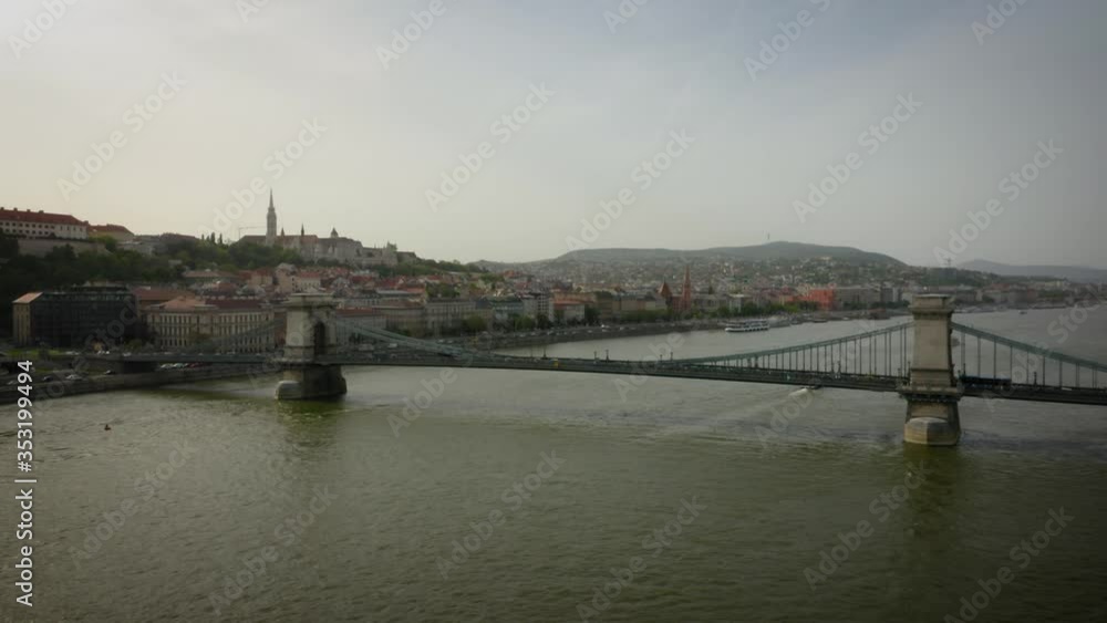 Budapest Hungary Aerial Flying Down the Danube River Towards the Chain Bridge Budapest Hungary Aerial Flying Down the Danube River Towards the Chain Bridge