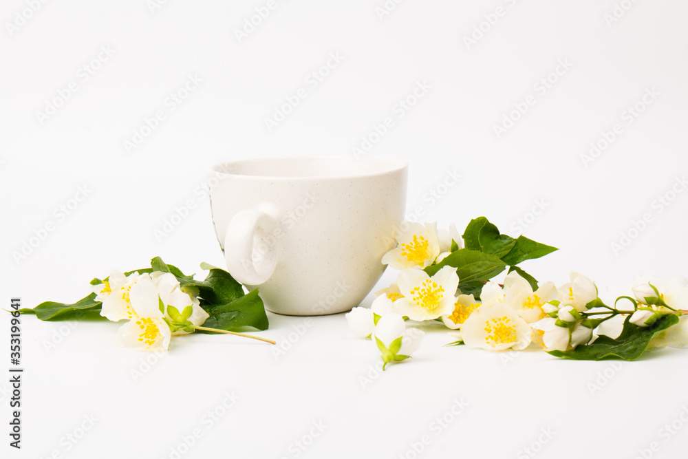 Jasmine flowers whith cup of tea on white background. Space for text Jasmine flowers whith cup of tea on white background. Space for text