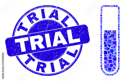 Geometric test-tube mosaic icon and Trial seal stamp. Blue vector rounded distress seal stamp with Trial phrase. Abstract mosaic of test-tube created of circle, tringle, square geometric elements.