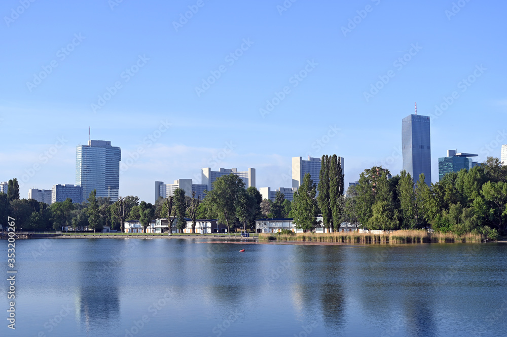 Vienna city skyline on the Danube riverside