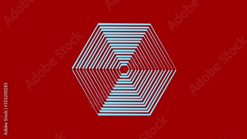Two colored and overlapping graphic objects in the shape of concentric hexagons, which rotate in the two opposite directions varying in size, with a hypnotic, psychedelic and stroboscopic effect.