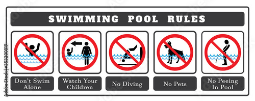 Swimming pool rules. Set of icons and symbol for pool. No Diving sign, No pets sign, No peeing in pool icon and Don`t swim alone icon.