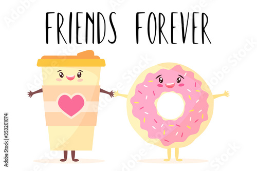 Cartoon vector illustration of cute kawaii smiling characters coffee cup and donut holding hands. Fun concept for coffee to go or cafe, bakery menu. Friends forever.