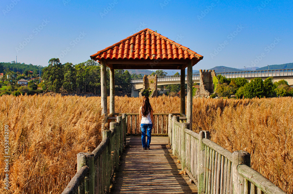 Obraz premium Woman walking under a roof in the middle of a wheat field in Catoira