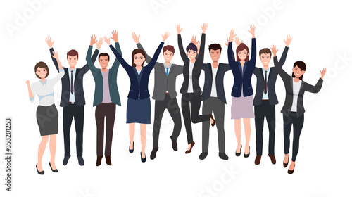 Group of happy businessman and businesswoman team raising hand celebrating success in flat icon design