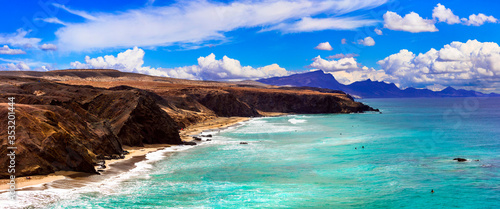 Fototapeta Naklejka Na Ścianę i Meble -  Impressive  unspoiled beaches of Fuerteventura island. La Pared beach -popular spot for surfing. Canary islands