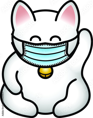 A white lucky cat wearing a medical / procedure / surgical mask.