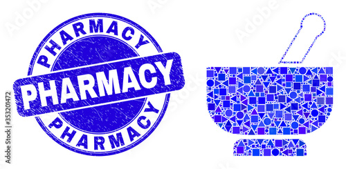 Geometric mortar mosaic pictogram and Pharmacy stamp. Blue vector round textured seal with Pharmacy text. Abstract mosaic of mortar created of round, triangles, square geometric elements.