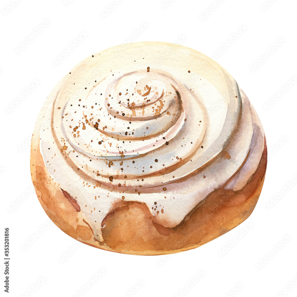 cinnabon, cinnamon roll on an isolated white background, watercolor