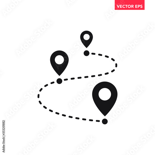 Tablou canvas Black single path with 3 location pins icon, simple tracking flat design vector