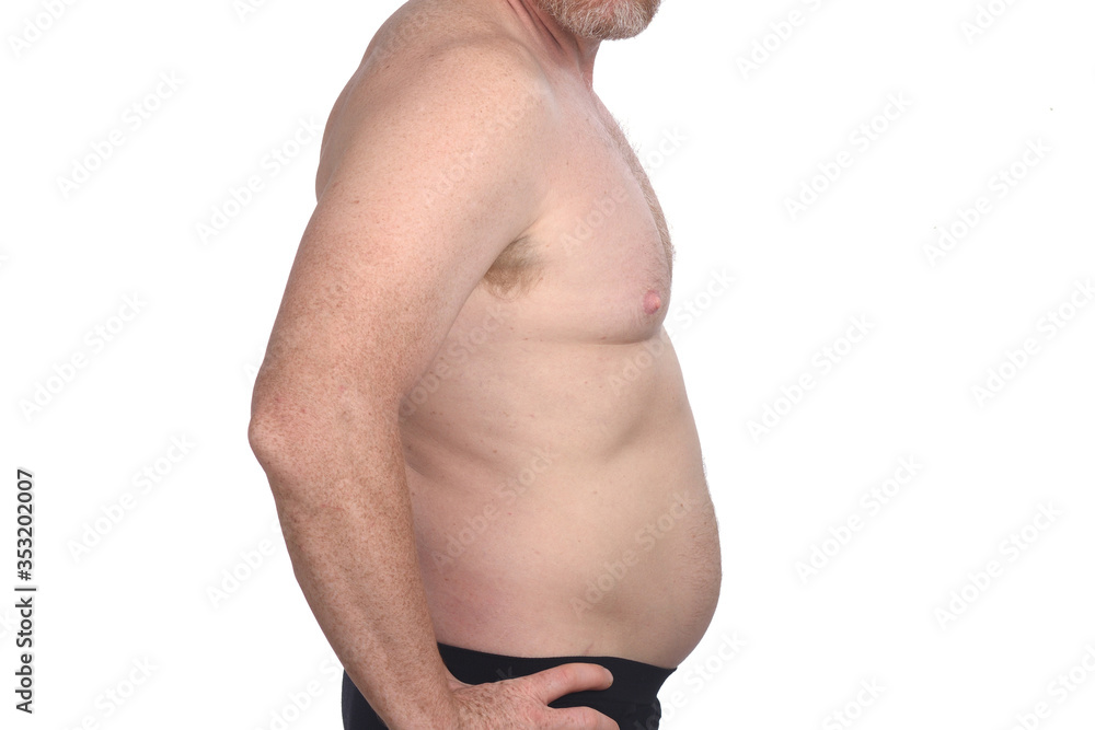 close up of man shirtless on white background, side view close up of man shirtless on white background, side view