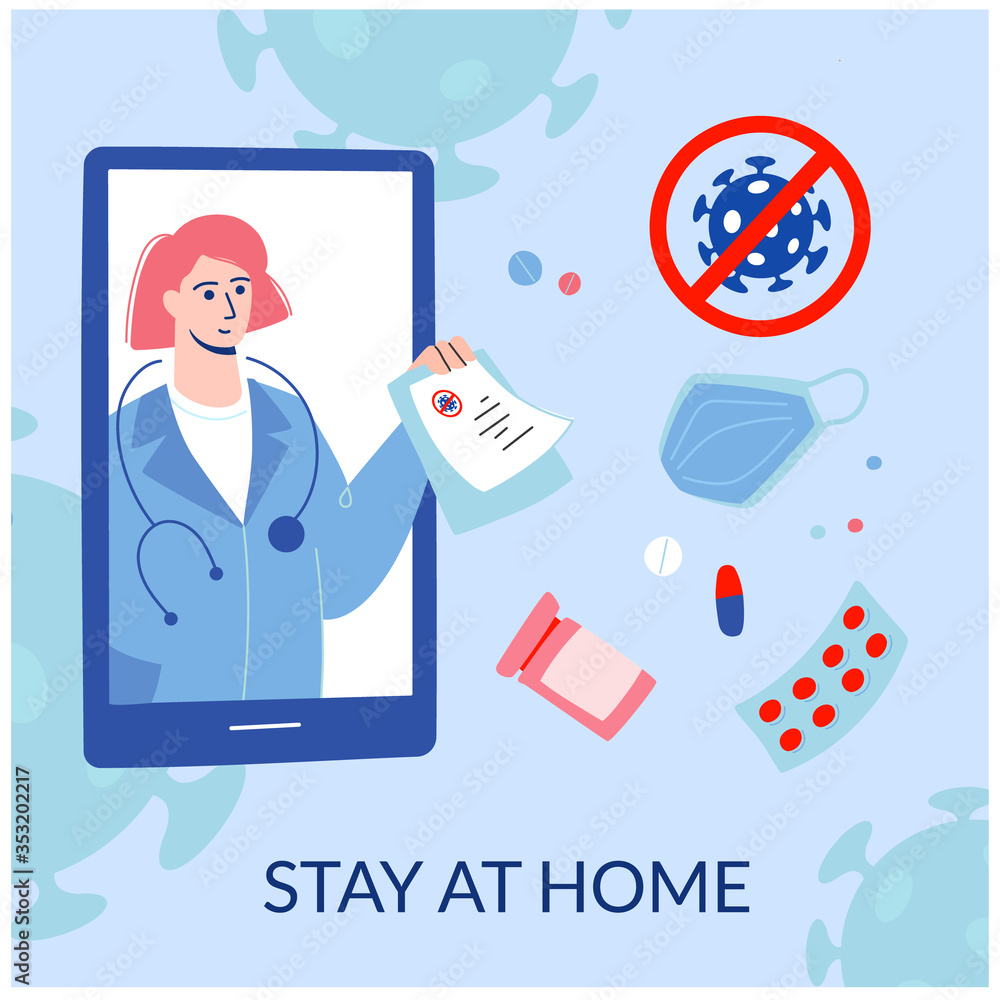 Stay home in quarantine. Caronavirus Virus, Self-isolation, quarantine. Doctor, be treated for illness, go online using your smartphone. Mobile consultation, smart medical assistance. Cartoon vector Stay home in quarantine. Caronavirus Virus, Self-isolation, quarantine. Doctor, be treated for illness, go online using your smartphone. Mobile consultation, smart medical assistance. Cartoon vector