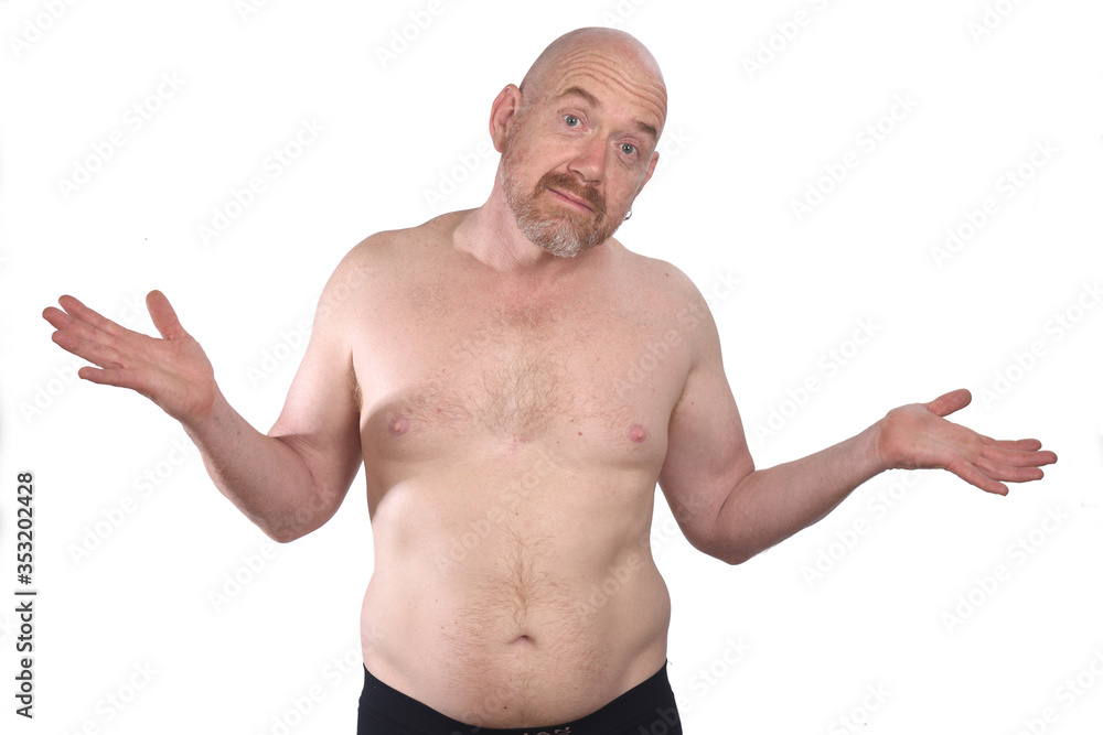 shirtless man doubt expression on white background shirtless man doubt expression on white background