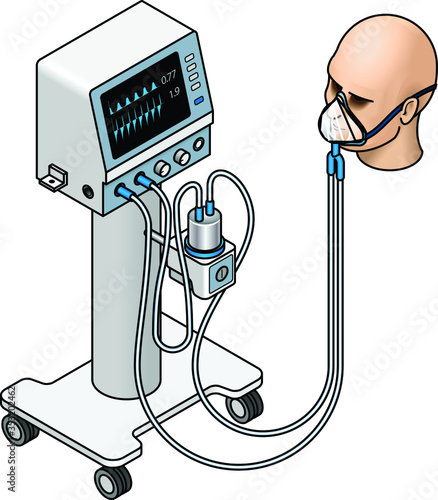 A medical / ICU ventilator with hoses and mask.
